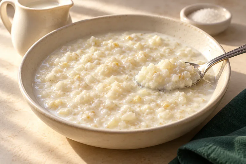 Tujure servido en un bowl con leche y una cuchara